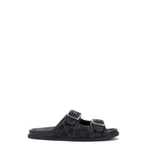 Denim slider sandal with buckles